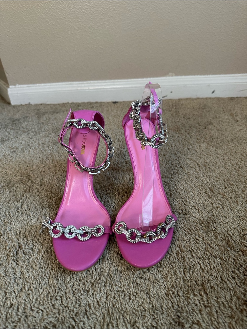 Fashion Nova Hot Pink Rhinestone Chain Strap Heeled Sandals